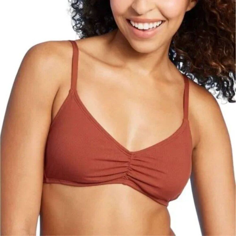 Shade & Shore Brown Shirred Ribbed Bralette Bikini Swim Top Size Large